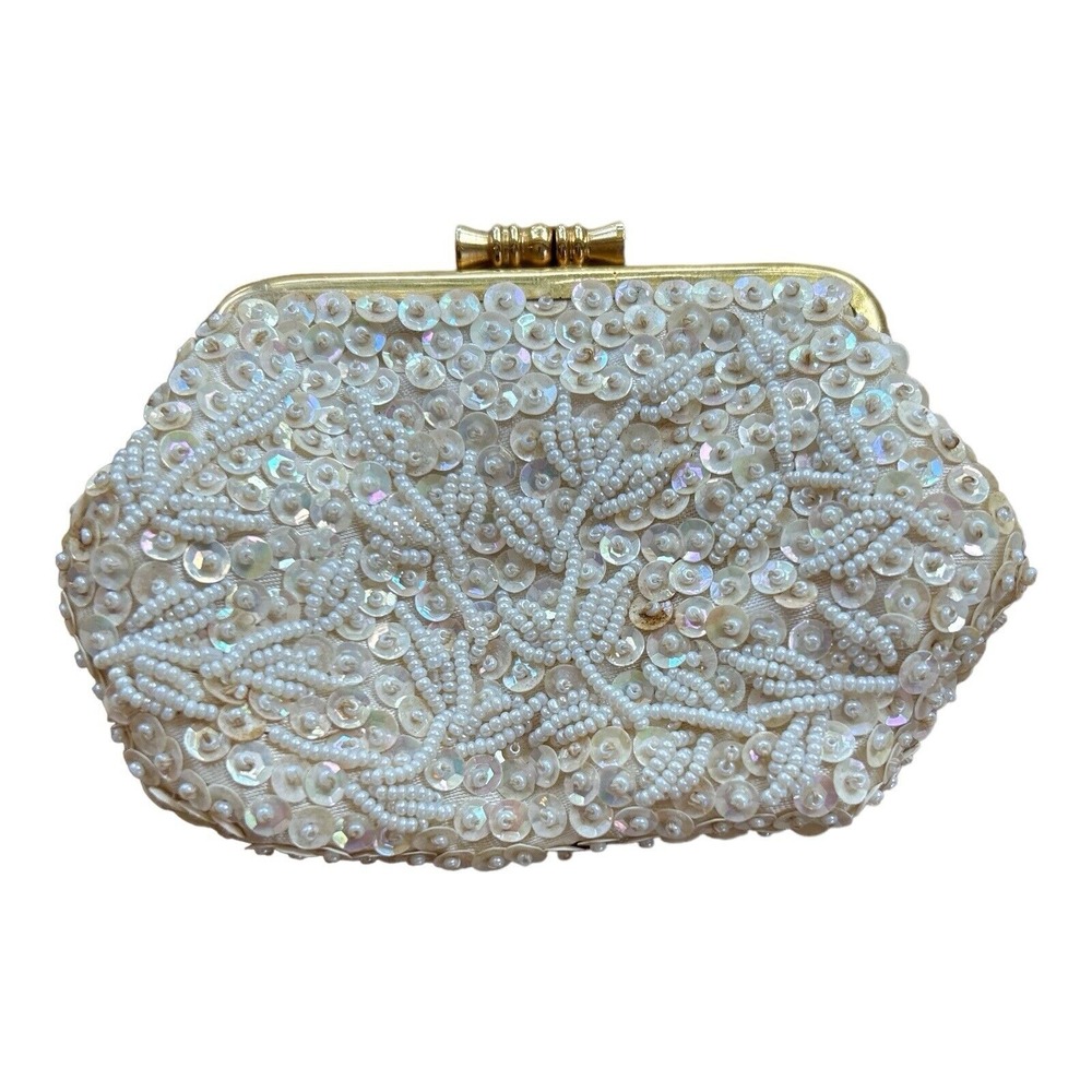 Vintage White Hand Made Beaded Sequin Evening Purse Clutch Hong Kong Emson‎